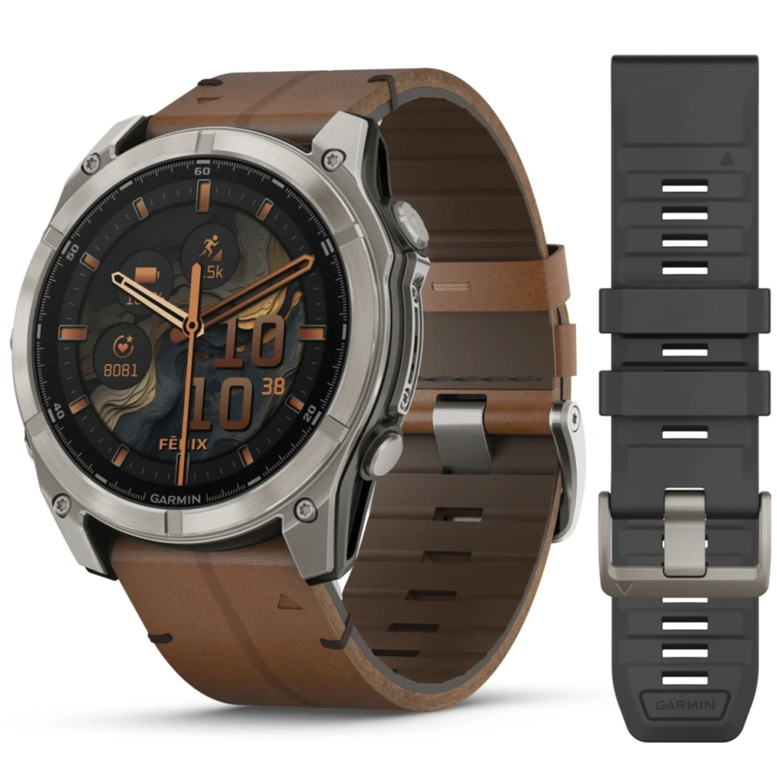 Смарт-часы Garmin Fenix 8 51mm Amoled Sapphire Bare Titanium Black with Chestnut Leather Band with Grapphite Silicone Band (010-02905-40) фото 1